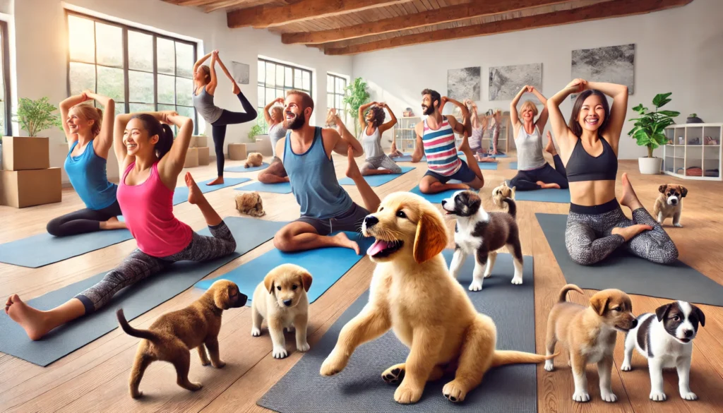 yoga class in Los Angeles with participants practicing yoga poses alongside adoptable puppies